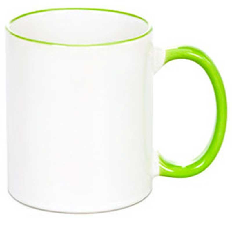 Taza cerámica de 11 oz grado a (blanco / borde e interior verde claro) –